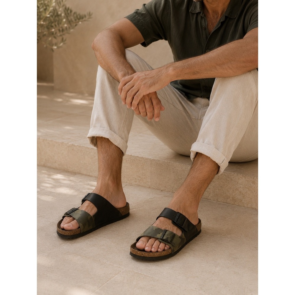 Birkenstock Arizona Camo Black Two Strap Sandals Mens Camouflage Slides Cork 10